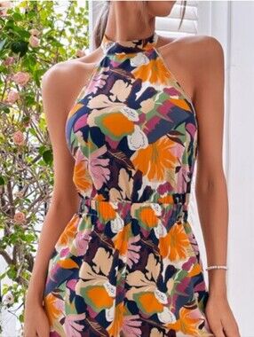 Floral Adjustable Halter Set With Wide Leg Pants  in Multicolor Floral Garden
